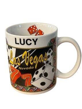 Lucy White Ceramic Las Vegas Mug with dice, poker chips, playing card graphics